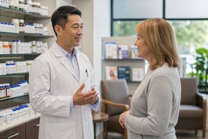 A compounding pharmacist speaks with a patient.