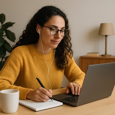 Generate a photo of an intelligent woman taking continuing education classes online Turn the laptop screen away from the camera so we cannot see the s-1