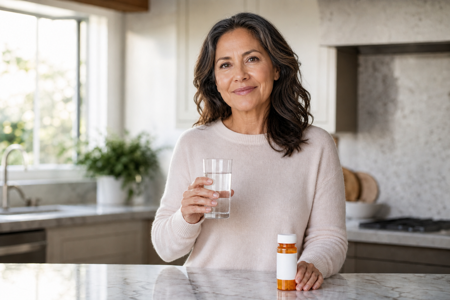Latina Woman Holding Water In Modern Kitchen